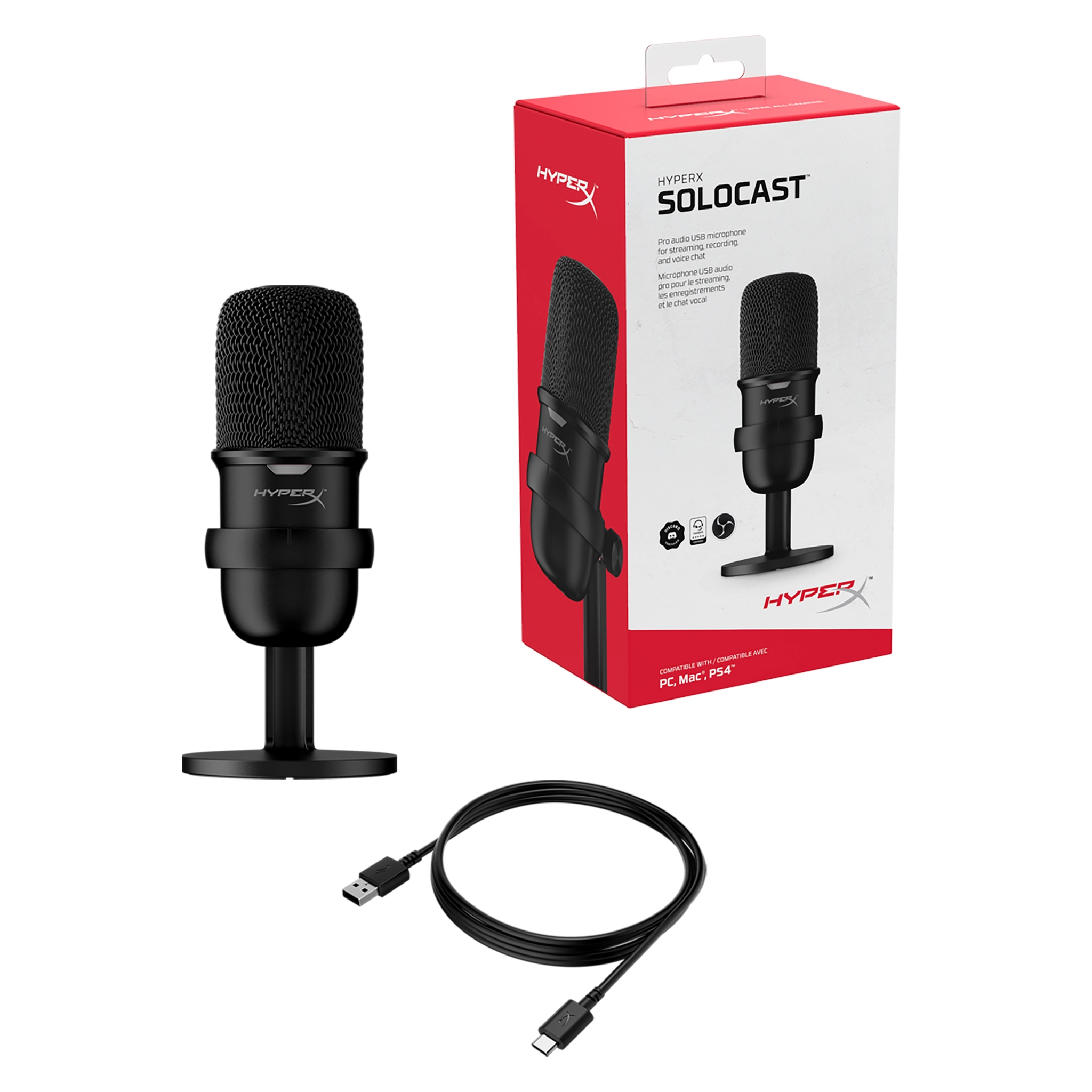 HyperX SoloCast, Black, Microphone for the streaming, Sampling rates: 48 / 44.1 /32 / 16 / 8 kHz, 20Hz-20kHz, Tap-to-Mute sensor with LED indicator, Flexible, Adjustable stand, Cardioid polar pattern, Boom arm and mic stand, Cable length: 2m, Black, USB photo 2