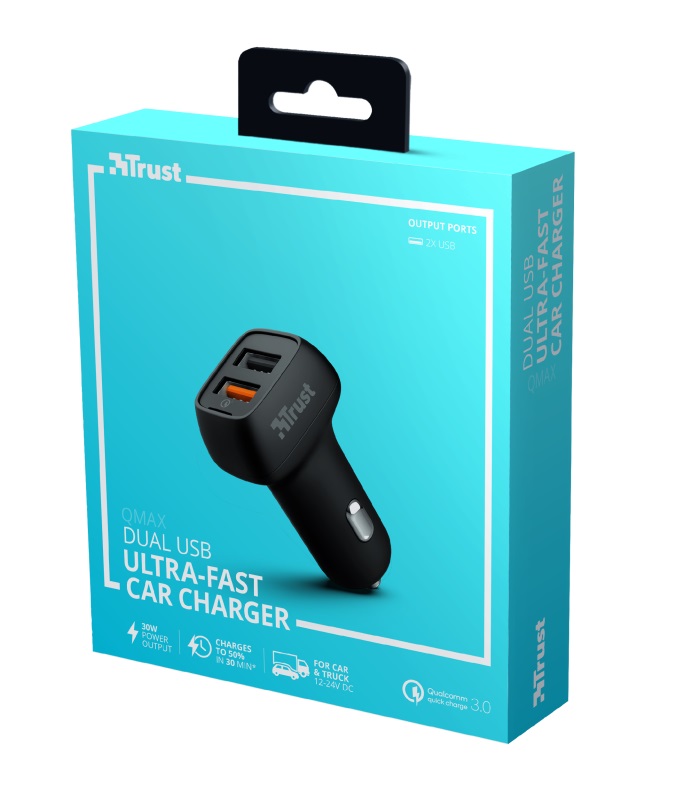 USB Car Charger - Trust Qmax 30W Ultra-Fast Dual USB Car Charger with QC3.0, Fast-charge with up to 12W power or ultra-fast charge with 18W power and QuickCharge 3.0, Total output power (max): A, W 30 photo 5