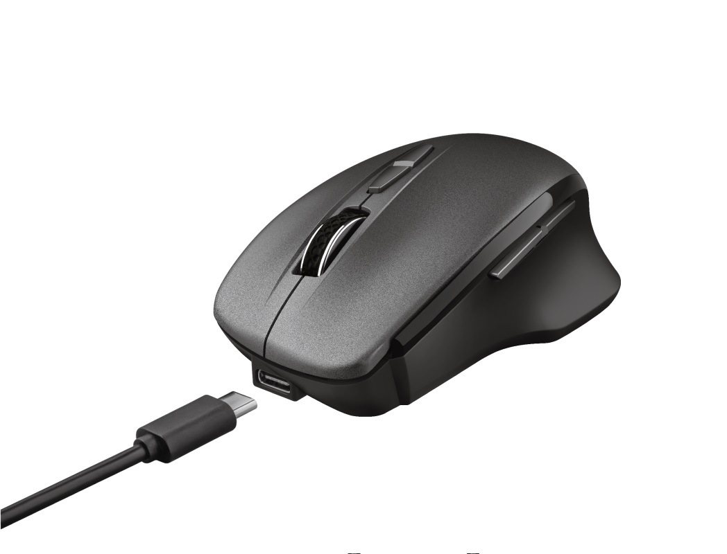 Trust Themo Rechargeable Wireless Mouse, 2.4GHz, Micro receiver, 800/1600/2400 dpi, 7 button, rechargeable battery up to 40 days, USB, Black photo 1