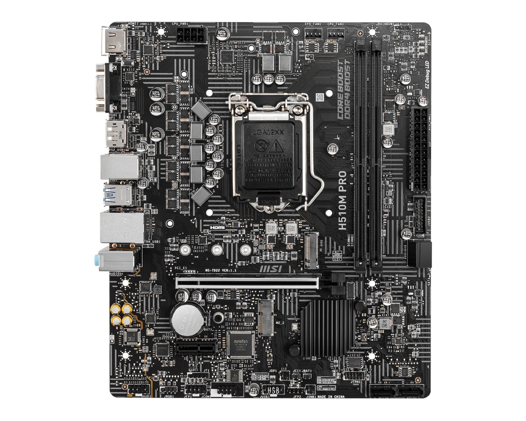 MSI H510M PRO, Socket 1200, Intel® H510 (11/10th Gen CPU), Dual 2xDDR4-3200, CPU Intel graphics, VGA, HDMI, DP, 1xPCIe X16 4.0, 4xSATA3, 1xM.2 4.0,1xM.2 E-key(for Wi-Fi), 1xPCIe X1, ALC892 HDA, GbE LAN, 4xUSB3.2, RGB Led, mATX photo 1