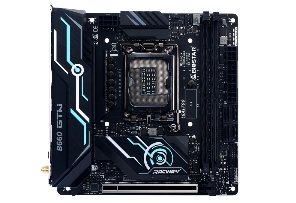 BIOSTAR Racing B660GTN, Socket 1700, Intel® B660 (12th Gen CPU), CPU graphics, HDMI, DP, Dual 2xDDR4-5000+, 1xPCIe X16 5.0, 4xSATA3, 2xM.2 4.0, 1xM.2 E-key for Wi-Fi, ALC1220 HDA, 2.5GbE LAN, 4xUSB3.2Gen2, 2xUSB3.2, RGB Vivid LED DJ, Mini-ATX photo 1