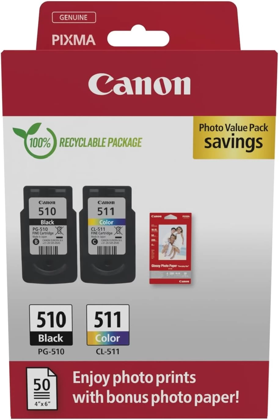 Multi Pack Ink Cartridge Canon PG-510/CL-511 (2970B017) + 10*15 Glossy Photo Paper (50 sheets) PHOTO VALUE PAC for MP230/240/250/260/270/280/490/495 photo 1