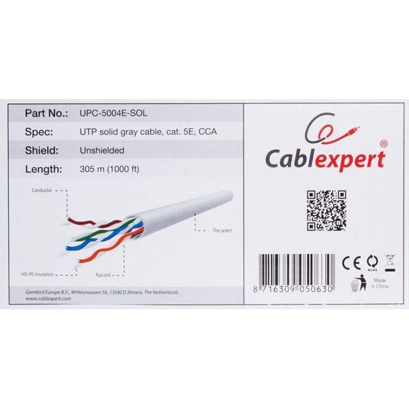 Cable UTP Gembird UPC-5004E-SOL, Solid Gray cable, AWG24 solid CCA, cat. 5E, 305m photo 1 Cable UTP Gembird UPC-5004E-SOL, Solid Gray cable, AWG24 solid CCA, cat. 5E, 305m photo 1