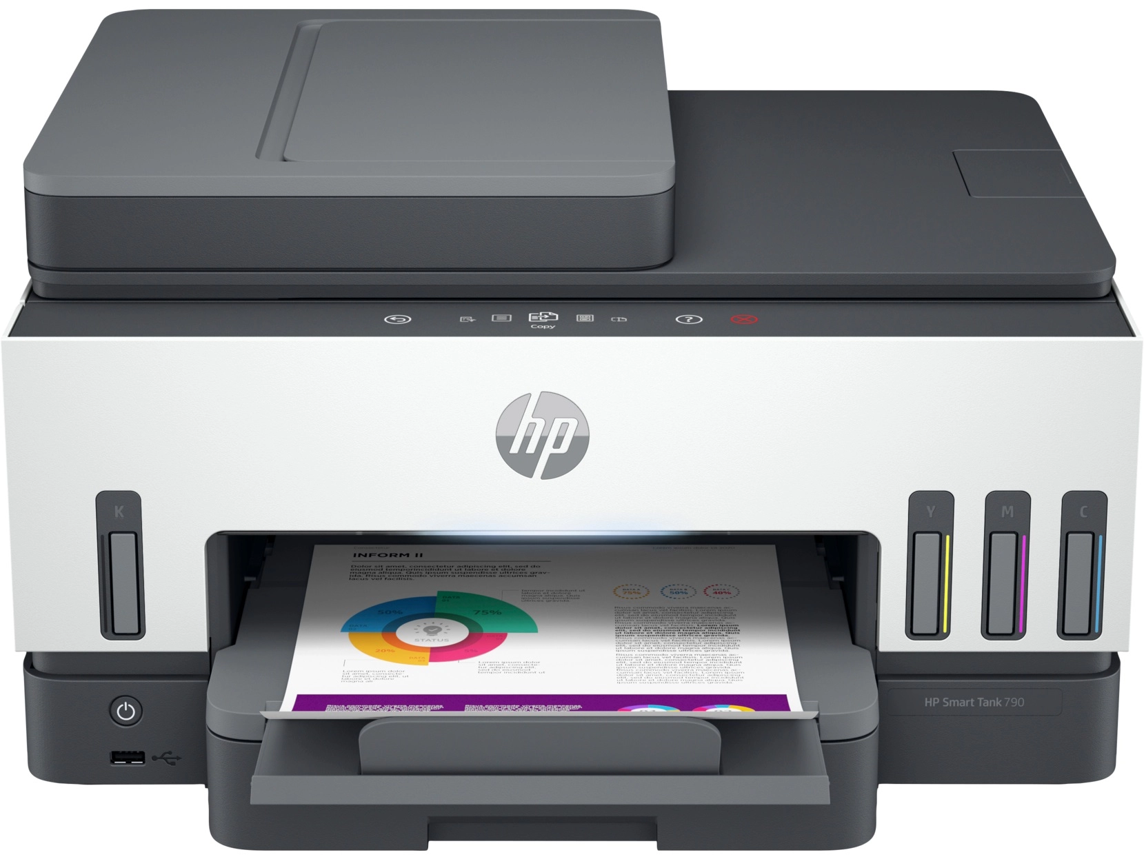 MFD CISS HP Smart Tank 790 A4, ADF35p, Duplex, Fax, White/Grey, up to 15/23ppm black 9/22ppm color, up to 4800x1200 dpi, Scan 1200x1200, Up to 3k p/m, 800Mhz, 128 Mb, 2" LCD, 60–250 g/m, 250p, Ethernet, 2.4/5GHz dual band Wi-Fi, Wi-Fi Direct, BLE  (3*GT53 photo 1