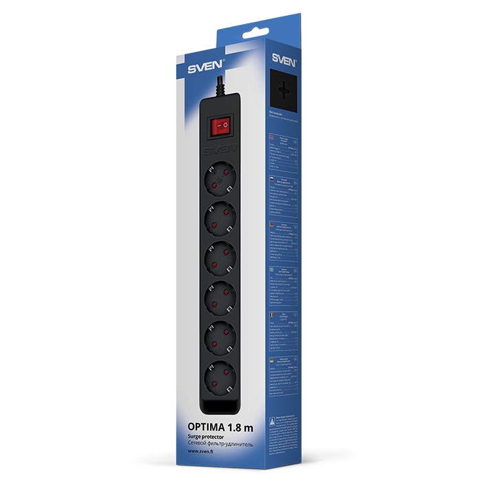 Фильтр сетевой SVEN Optima / 6 Sockets with children protection / 1,8m / Wall mountable / Black photo 10
