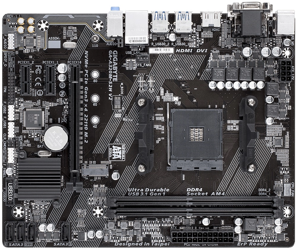 GIGABYTE GA-A320M-S2H V2, Socket AM4, AMD B350, Dual 2xDDR4-3200, APU AMD graphics, VGA, DVI, HDMI, 1xPCIe X16, 4xSATA3, RAID, 1xM.2, 2xPCIe X1, ALC887 HDA, GbE LAN, 6xUSB3.1, mATX photo 1