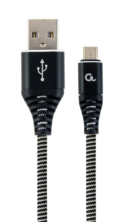 Cable USB2.0/Micro-USB Premium cotton braided - 2m - Cablexpert CC-USB2B-AMmBM-2M-BW, Black/White, USB 2.0 A-plug to Micro-USB plug, blister photo 1