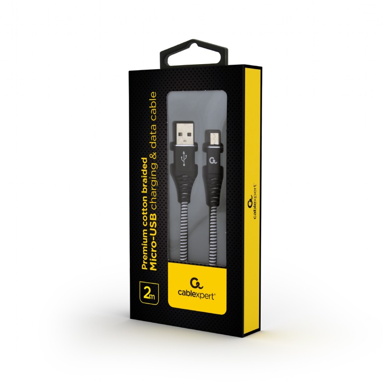 Cable USB2.0/Micro-USB Premium cotton braided - 2m - Cablexpert CC-USB2B-AMmBM-2M-BW, Black/White, USB 2.0 A-plug to Micro-USB plug, blister photo 2