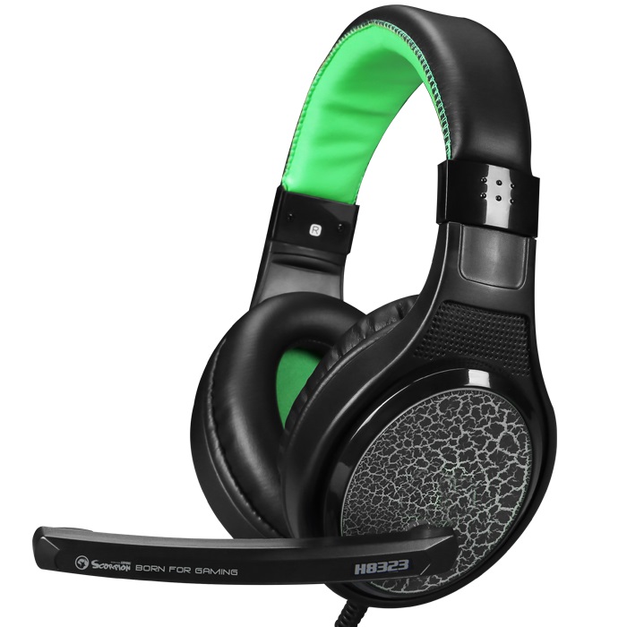 MARVO "H8323", Gaming Headset, Microphone, 40mm driver unit, Volume control, Adjustable headband, 2x3.5mm jack, cable 1.8m, Black-Green photo 1