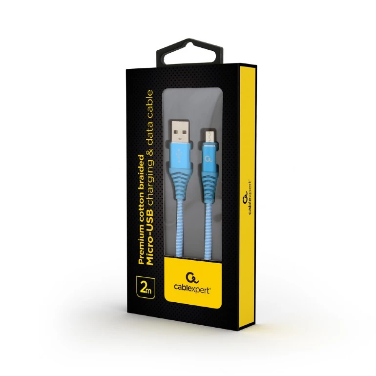 Cable USB2.0/Micro-USB Premium cotton braided - 2m - Cablexpert CC-USB2B-AMmBM-2M-VW, Blue/White, USB 2.0 A-plug to Micro-USB plug, blister photo 2