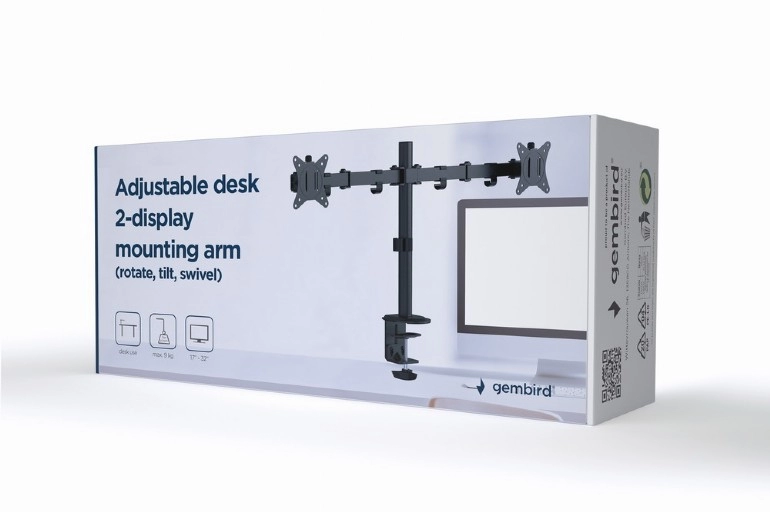 Arm for 2 monitors 17”-32”  Gembird MA-D2-01, Adjustable desk 2-display mounting arm (rotate, tilt, swivel),  VESA 75/100, up to 9 kg, black photo 2