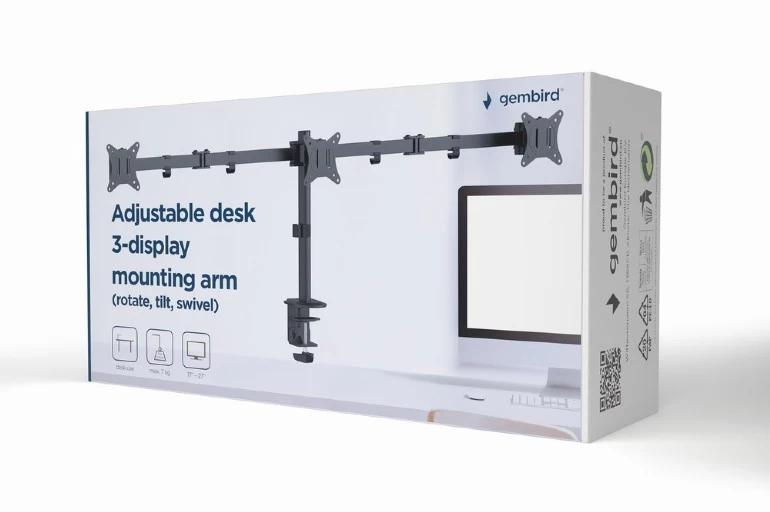 Arm for 3 monitors 17”-27”  Gembird MA-D3-01, Adjustable desk 3-display mounting arm (rotate, tilt, swivel), up to 7 kg,  VESA 75/100, black photo 2
