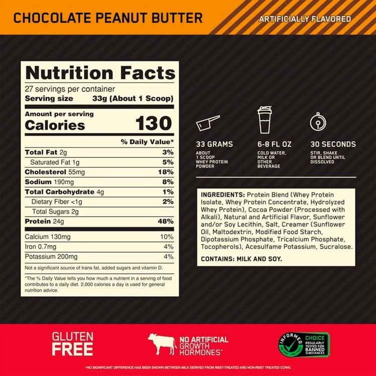 Сывороточный протеин Optimum Nutrition Gold Standard 100% WHEY Chocolate Peanut Butter 2lb/907 г photo 2