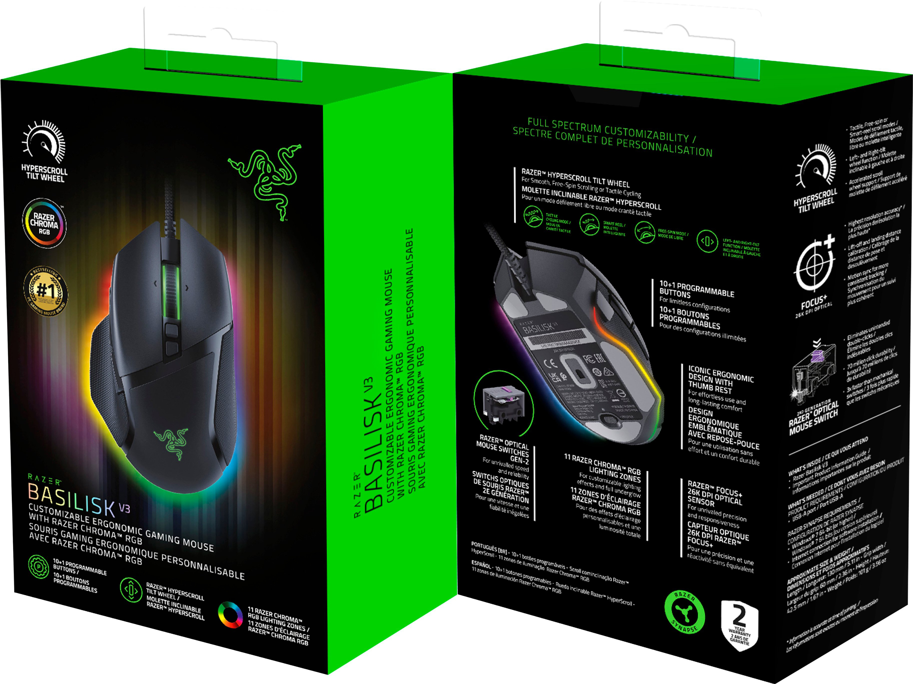 RAZER Ergonomic Gaming Mouse Basilisk V3, Right-handed, 10+1 buttons, Razer Chroma RGB,  black photo 3
