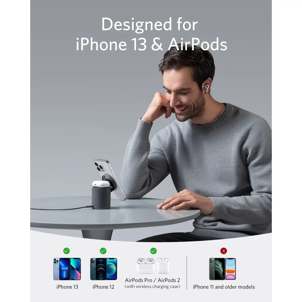 Wireless Charger  Anker PowerWave Mag-Go 2in1, 20W,  iPhone 12/13 and AirPods, black photo 5