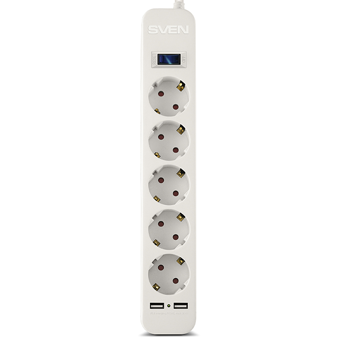 Surge Protector SVEN SF-05LU, 5 Sockets + 2 USB (2,4 A) , 1.8m, White, color box photo 2