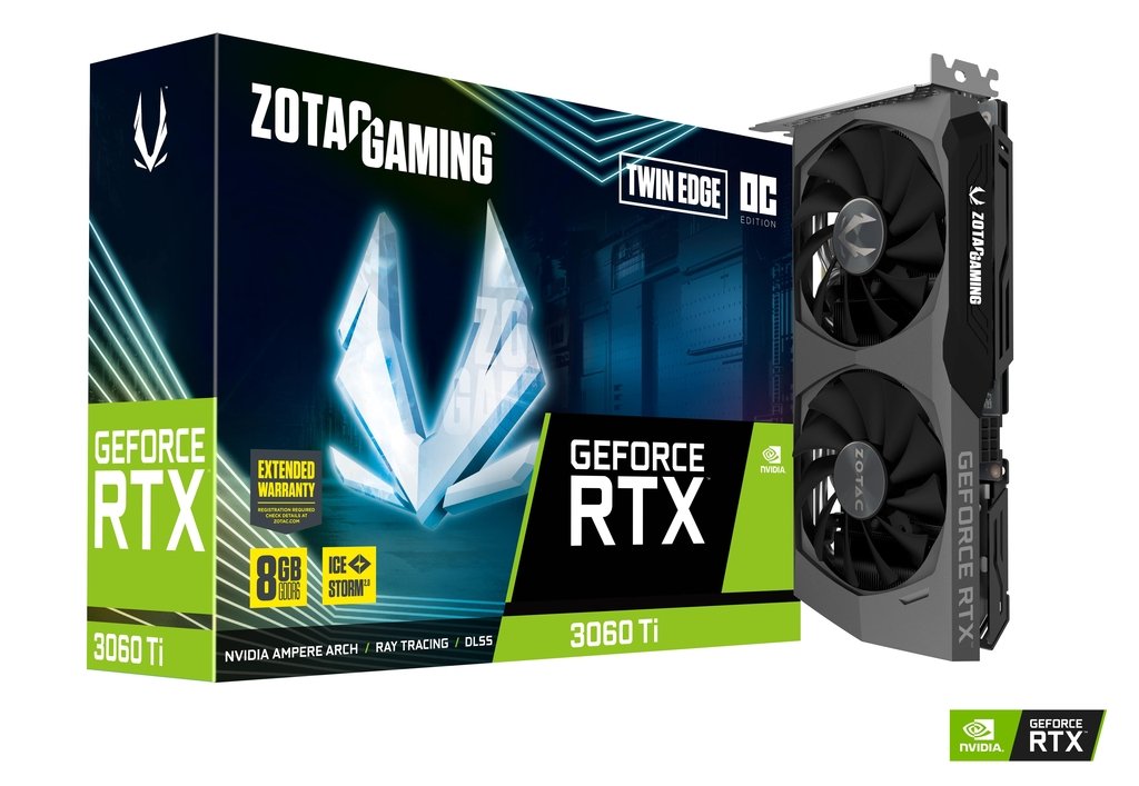 ZOTAC GeForce RTX 3060 Ti Twin Edge OC LHR 8GB GDDR6, 256bit, 1695/14000Mhz, Ampere, PCIeX16 4.0, Dual Fan / IceStorm 2.0, 1xHDMI, 3xDisplayPort, Active Fan Control/ FREEZE Fan Stop, White Led Lightning, FireStorm, Metal Backplate, Medium Pack photo 1
