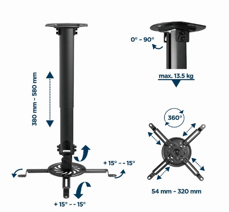 Регулируемое потолочное крепление для проектора Gembird CM-B-01/ 380 ~ 580 mm/ max 13kg/ Black photo 8