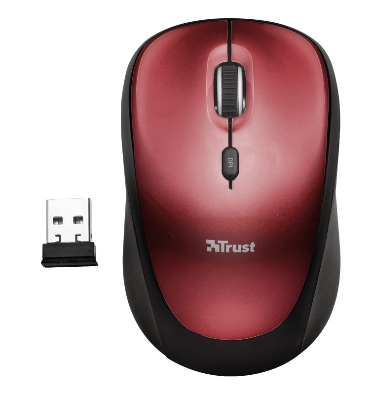 Trust Yvi Wireless Mouse - Red, 8m 2.4GHz, Micro receiver, 800-1600 dpi, 4 button, Rubber sides for comfort and grip, USB photo 1