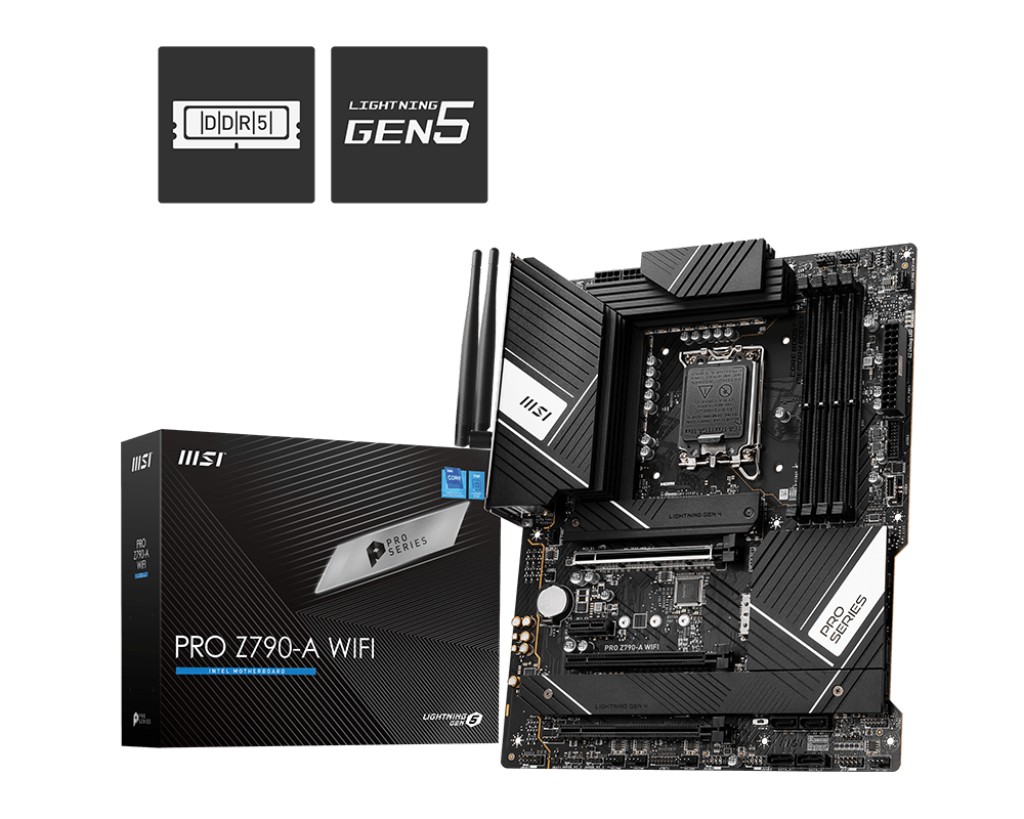 MSI PRO Z790-A WIFI, Socket 1700, 18Phases, Intel® Z790 (13/12th Gen CPU), CPU graphics, HDMI, DP, Dual 4xDDR5-7200, 3xPCIe X16 5.0, 6xSATA3, RAID, 4xM.2 4.0, 1xPCIe X1, ALC4080 7.1/SPDIF, 2.5GbE LAN, WiFi6E/BT, 1xUSB-C 3.2Gen2x2, 4xUSB3.2Gen2(A+C), 4xUSB photo 1