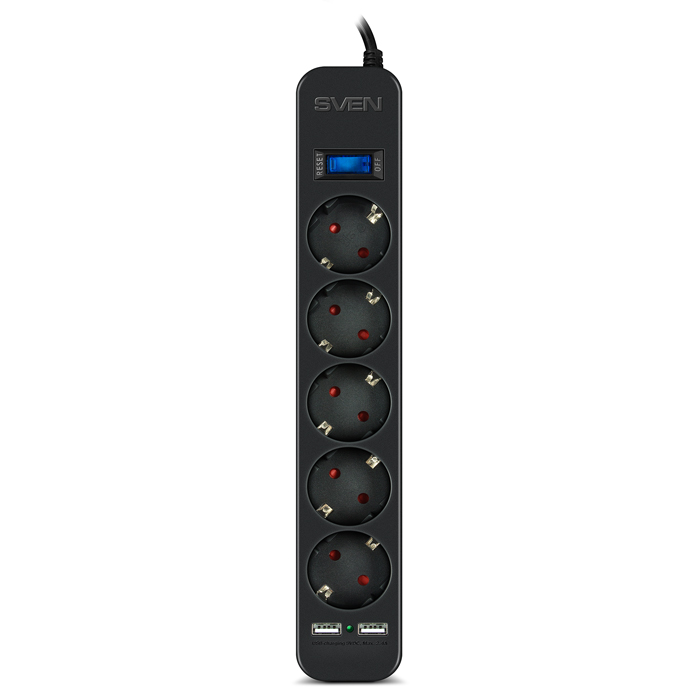 Surge Protector SVEN SF-05LU, 5 Sockets + 2 USB (2,4 A) , 3.0m, Black, color box photo 2