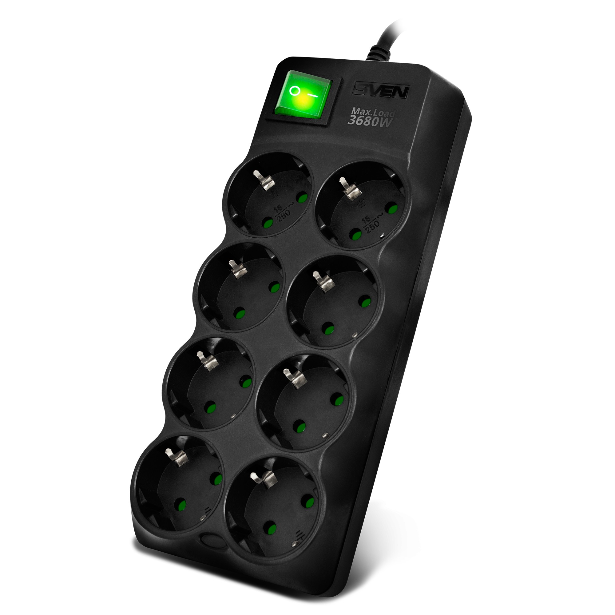 Surge Protector SVEN SF-08E-16, 8 Sockets, Children protection, 3.0m, ABS plastic, Black photo 1