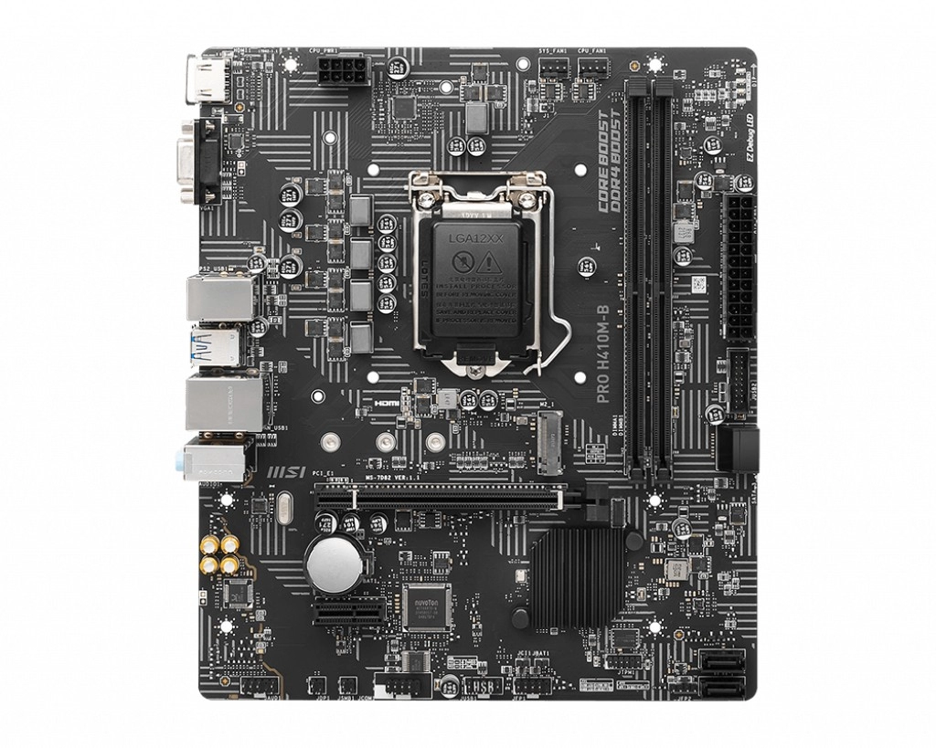 MSI PRO H410M-B, Socket 1200, Intel® H510 (11/10th Gen CPU), Dual 2xDDR4-2933, CPU Intel graphics, VGA, HDMI, 1xPCIe X16, 4xSATA3, 1xM.2, 1xPCIe X1, ALC897 HDA, GbE LAN, 4xUSB3.2, mATX photo 1