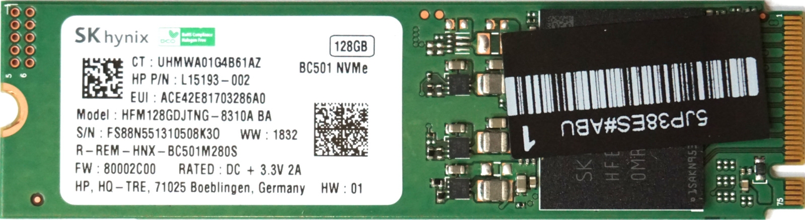 M.2 NVMe SSD 128GB Hynix BC501, Interface: PCIe3.0 x2 / NVMe 1.3, M2 Type 2240 form factor, Sequential Read 1400 MB/s, Sequential Write 395 MB/s, Random Read 60K IOPS, Random Write 40K IOPS, 3D NAND TLC, Bulk photo 1
