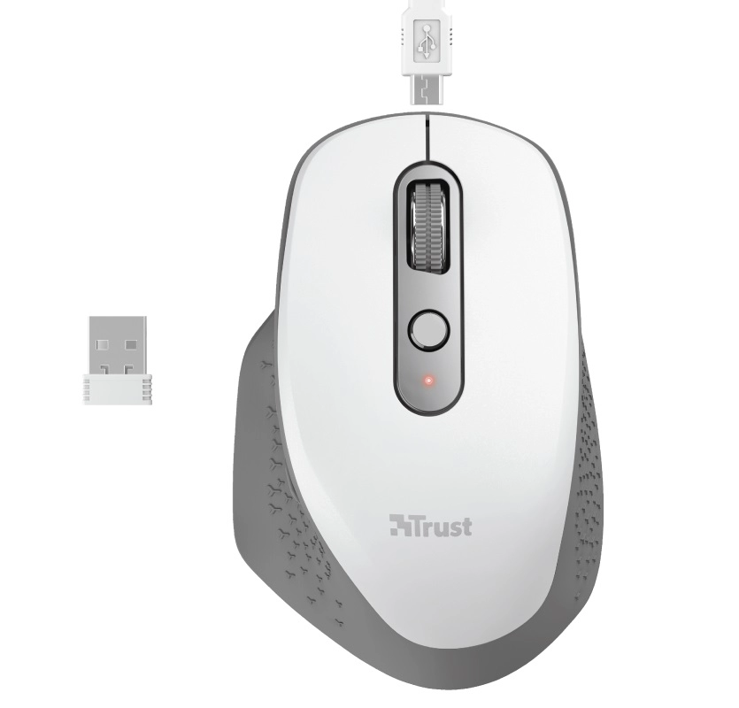 Trust Ozaa Rechargeable Wireless Mouse, Silent Buttons, 2.4GHz, Micro receiver, 800/1200/1600/2400 dpi, 6 button, rechargeable battery up to 40 days, USB, White photo 1