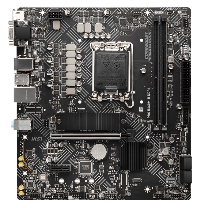 MSI PRO B660M-B DDR4, Socket 1700, Intel® B660 (12th Gen CPU), CPU graphics, VGA, HDMI, Dual 2xDDR4-4600, 1xPCIe X16 4.0, 4xSATA3, RAID, 1xM.2 4.0, 1xM.2 E-key for Wi-Fi, 1xPCIe X1, ALC897 HDA 7.1, 1x2.5GbE LAN, 4xUSB3.2, mATX photo 1