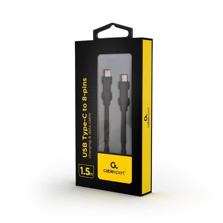 Cable Type-C to 8-pin (Lightning) - 1.5 m - Cablexpert CC-USB2-CM8PM-1.5M, Connectors: USB type-C (male), 8-pin (male) Black photo 2
