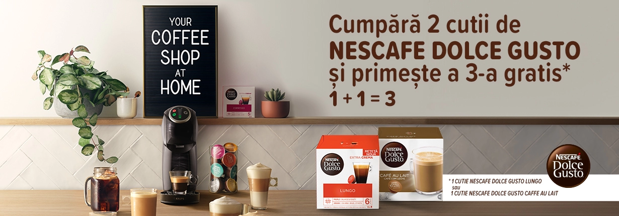 Cumpărați 2 cutii de capsule Nescafe Dolce Gusto și obțineți a treia cadou!